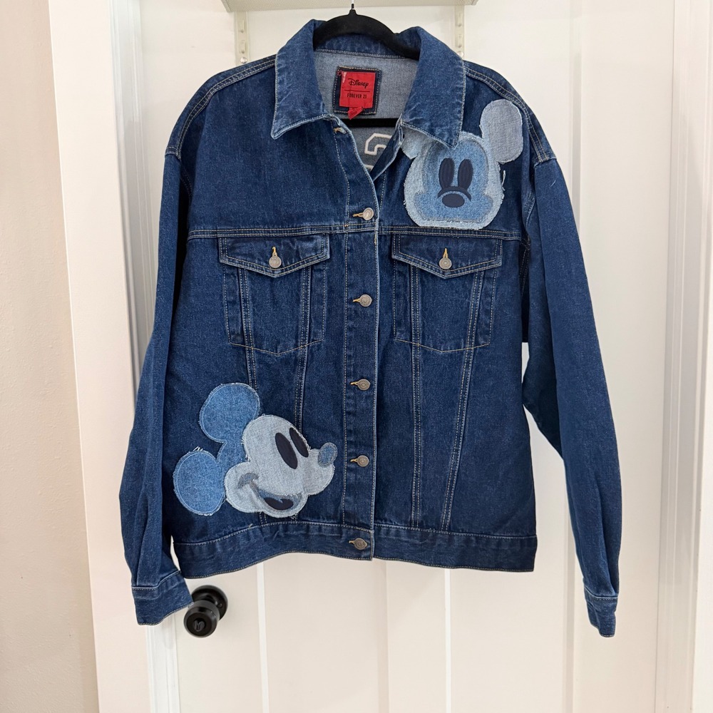 Forever 21 Disney Mickey Mouse Denim Trucker Varsity Jacket Med Wash Patchwork M